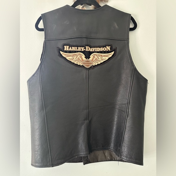 Harley Davidson Motorcycle Size Vest Large Black Genuine Leather Snap Front - Picture 8 of 15